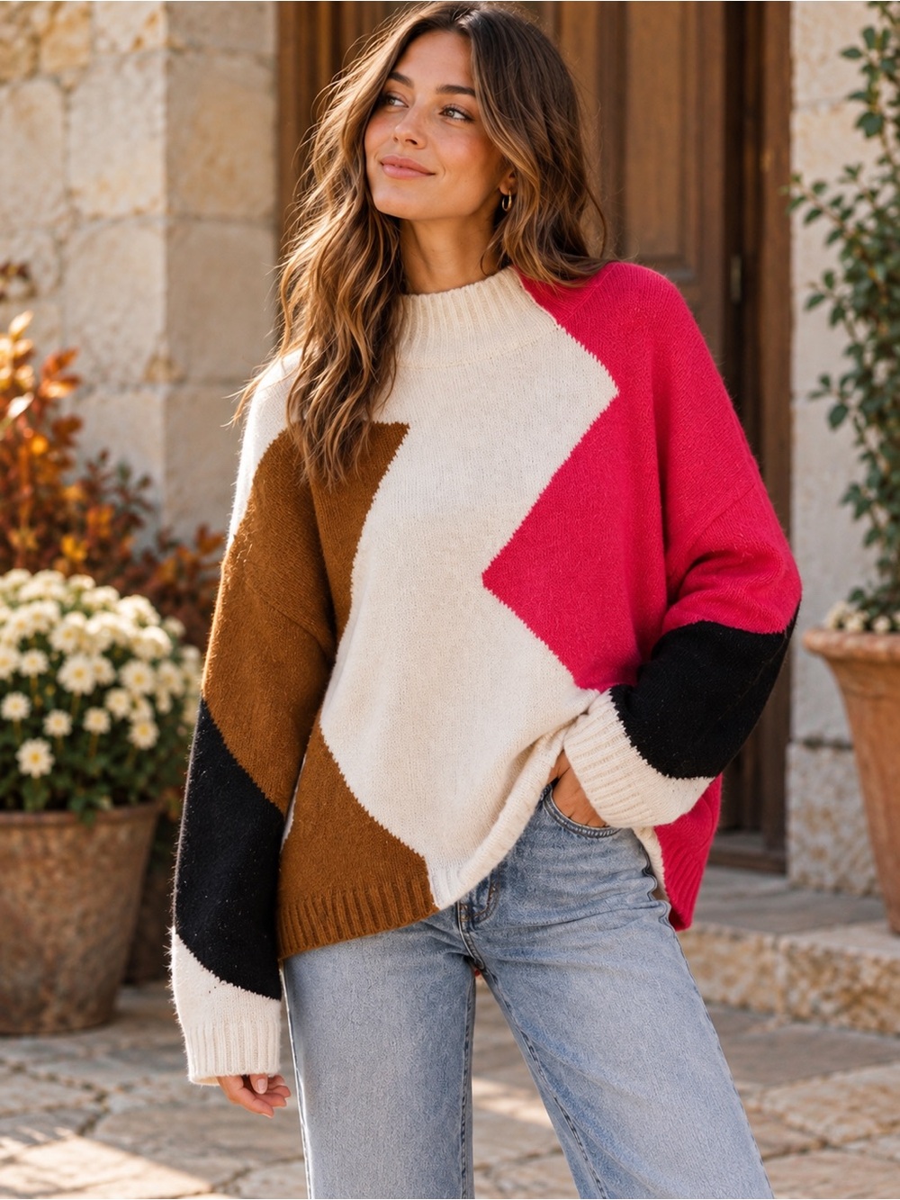 Umgee Colorblock Oversized Mock Neck Sweater Pink Brown Ivory Black M